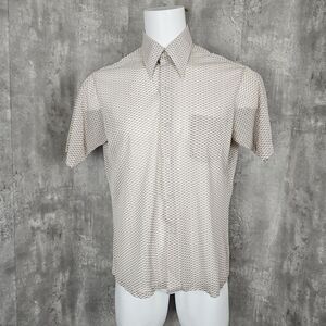Vintage 70s Expressions Mens‎ L Brown Cream Sheer Geo Oversized Collar S/S Shirt